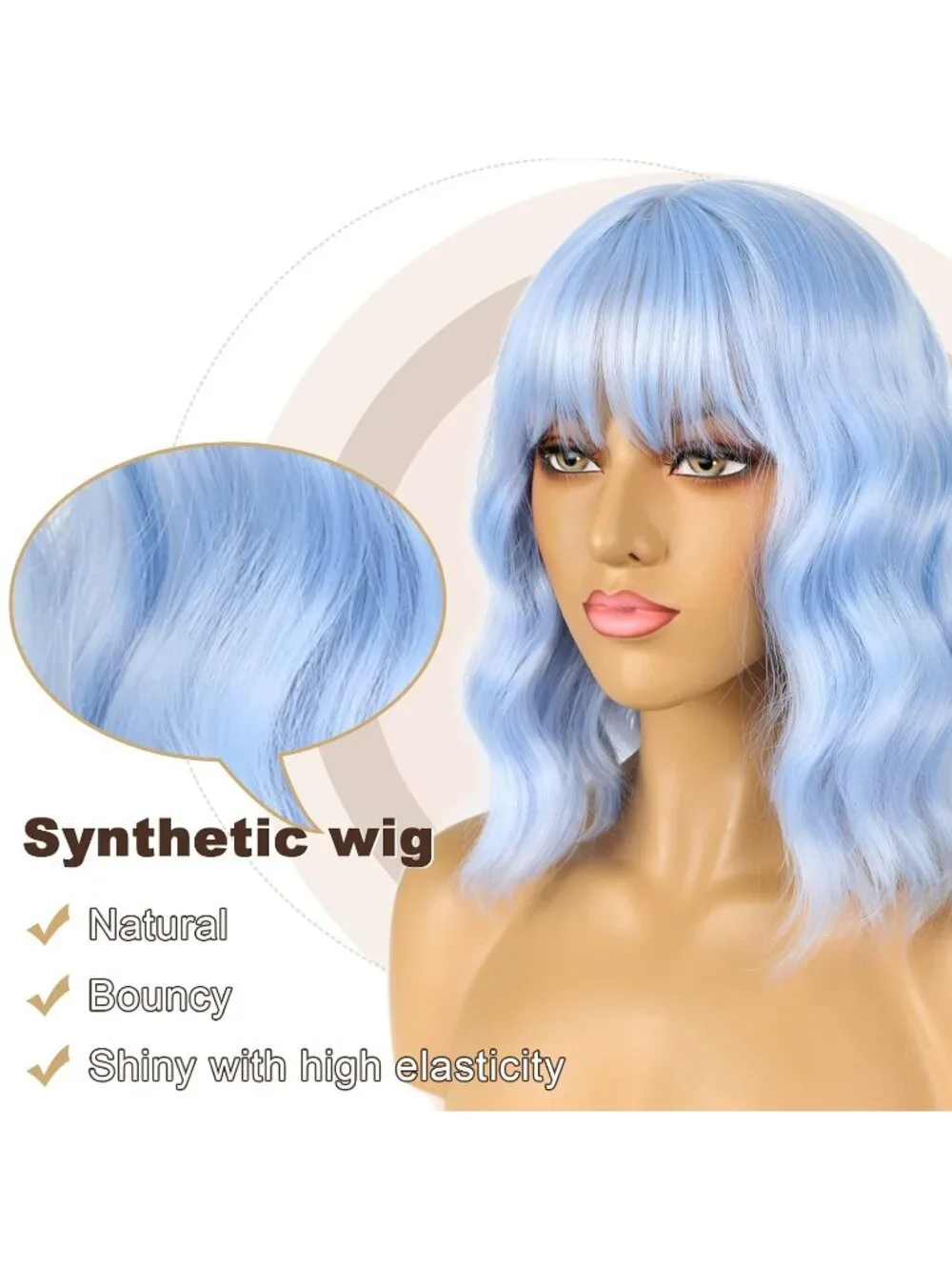 Women's Light Blue Shoulder Length Synthetic Loose Wavy Short Bob Wigs Bangs